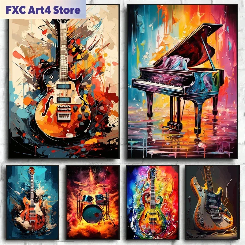 Musical Instrument Photo - フレームレス抽象カラフルアート楽器ドラムキットギターポスタープリントキャンバス絵画音楽壁アート画像ホーム